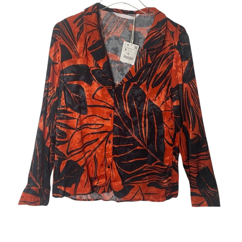 Zara blouse button down red black size S long sleeve satin feel NWT
